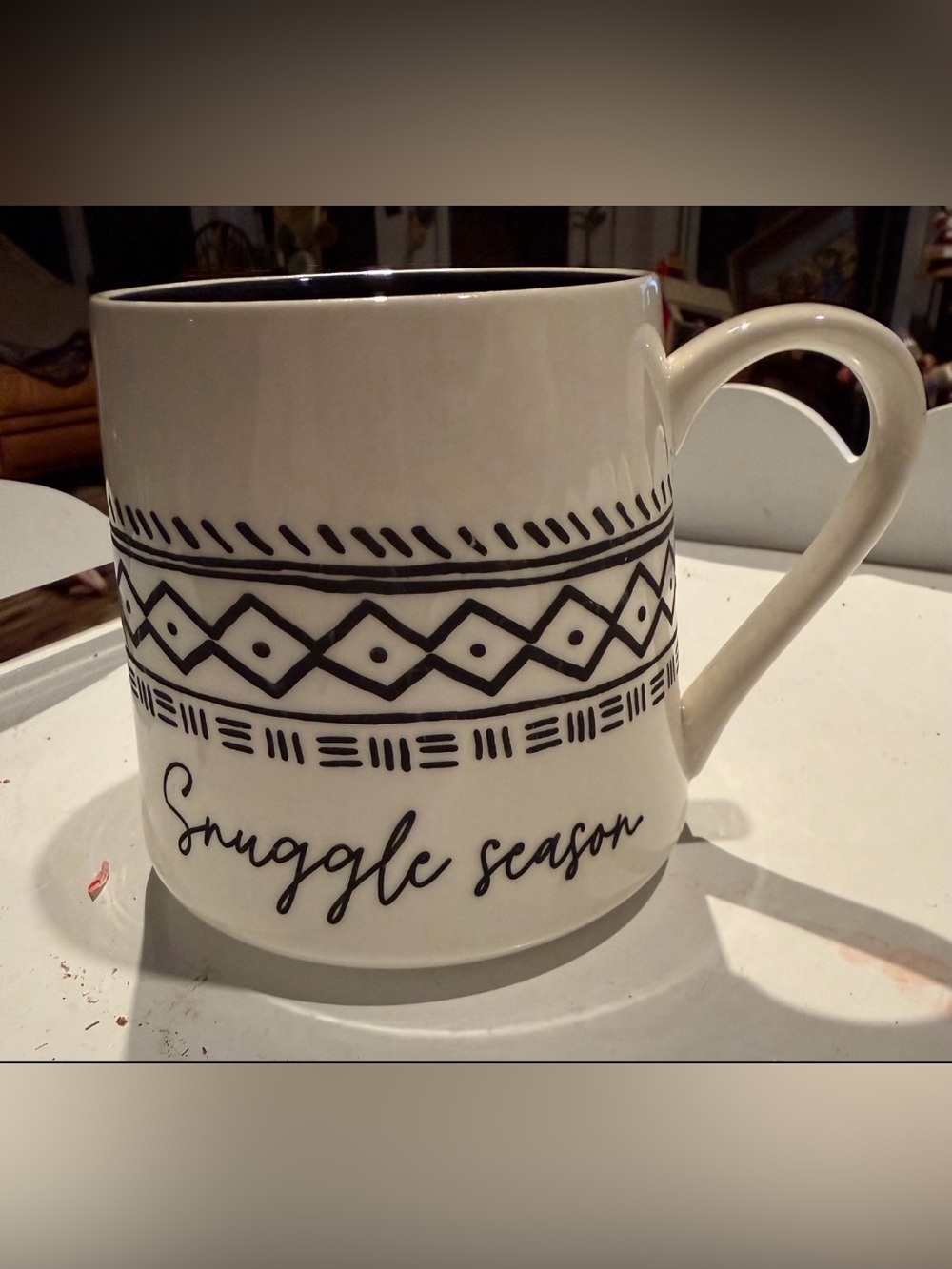White Ceramic 'Snuggle Season' Mug with Black Geometric Pattern